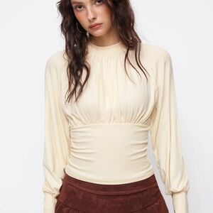 NWT Cider HIGH NECK LONG SLEEVE RUCHED CINCHED WAIST BLOUSE